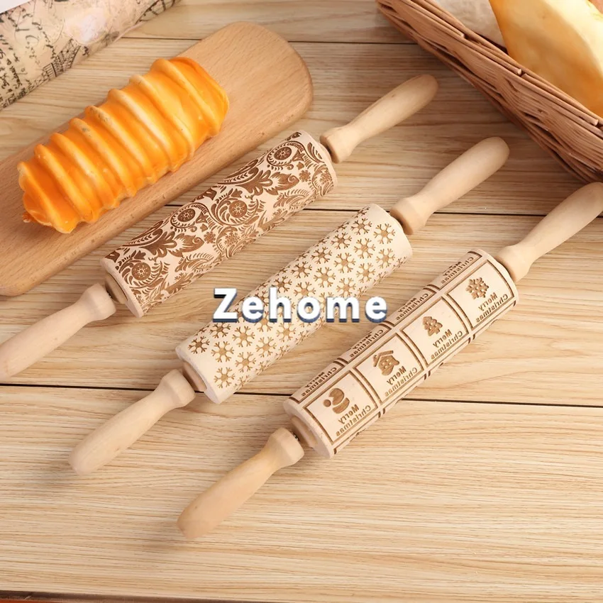 2026 Wooden Christmas Printed Rolling Pin Wooden Carving Embossed Rolling Pin Cookies Biscuits Sticks Crafts