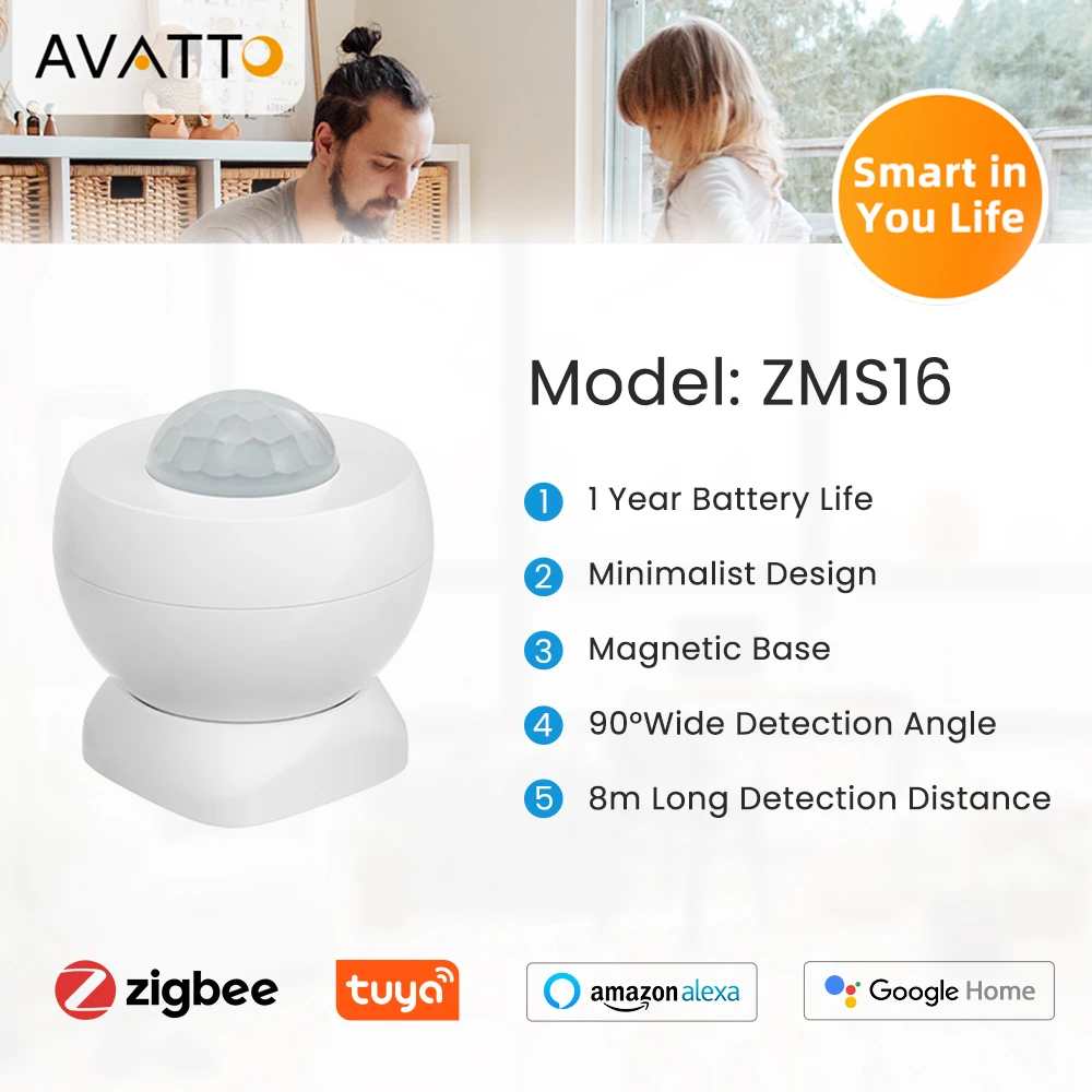 AVATTO Tuya ZigBee Smart Motion Sensor Mini PIR Motion Sensor Body Infrared Detector Smart Life Control Work With Zigbee Gateway