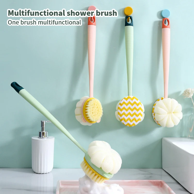 Double-Sided Soft Hair Massage Bath Brush Long Handle Back Rub Brush 2 In 1 Bath Brush With Bath Ball Double Side Scrub Brush