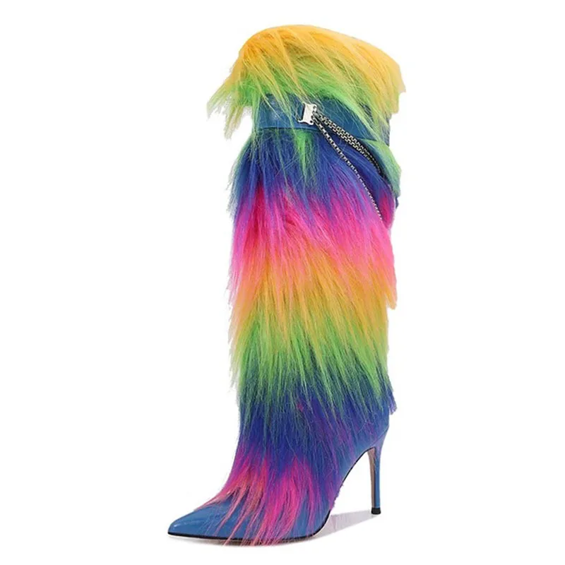 2025 New in Pink Fur Padlock Shark Boots Black/White Chunky Heel Leather Pointed Toe Mid Calf Boots Women's Sexy Luxury Shoes