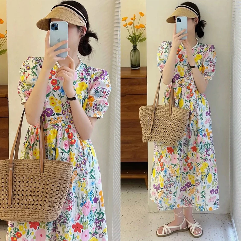 

Шикарное летнее женское платье с цветочным принтом, круглым вырезом, приталенное, с пышными рукавами, длинное, с завышенной талией, А-силуэт, для повседневной носки
