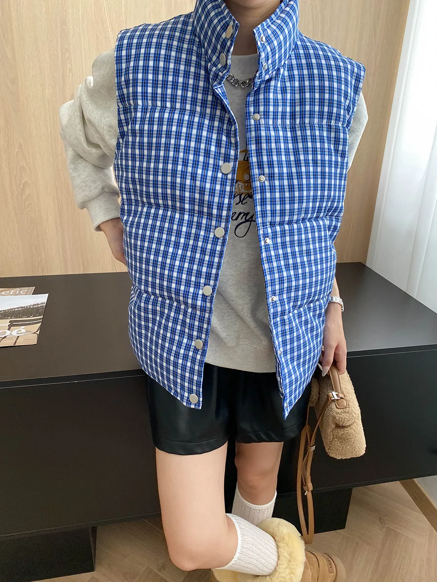 

Высококачественная хлопковая куртка в стиле ретро в синюю клетку с контрастным воротником-стойкой, жилет