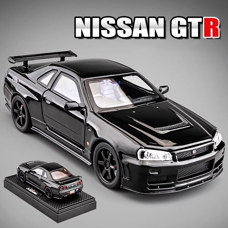 1/32 Skyline GTR-R34 miniatura RX7 aleación inicial D Diecast Metal modelo coches sonido luz juguete coleccionable niños vehículo regalo