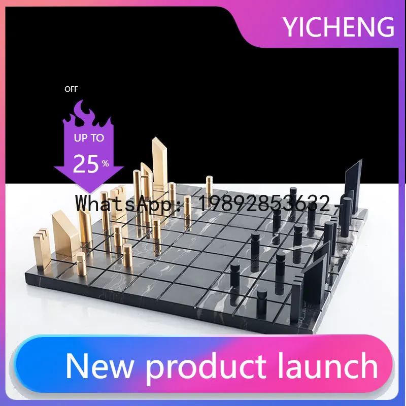 Metal Marble Chessboard Golden Chess Geometric Square Check King Game Decorative Figurines Home Decoration Accessories