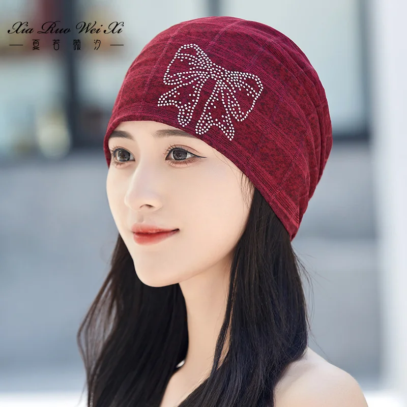 Solid color Rhinestone Bow hats for women spring autumn Turban hat lady's Double layer breathable beanies plaid pattern gorros