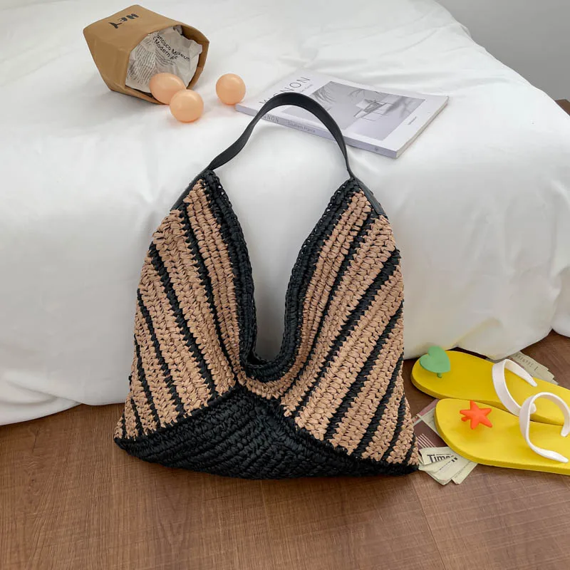 

Straw Woven Women Handbags Large Tote Beach Bag Shopping Bags Underarm Shoulder Bag For Female Casual Top-Handle Bags
