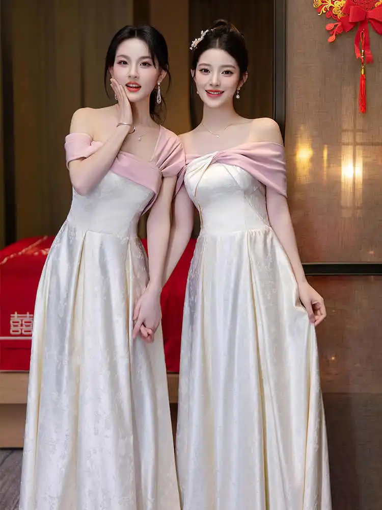 

Elegant Satin Long Bridesmaid Dress for Women Summer Off Shoulder Slim A-Line Party Gown Sister Group Prom Dresses