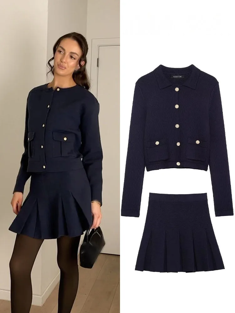 HH Conjunto de 2 piezas para mujer, manga larga, solapa, un solo pecho, bolsillo, decorar, cárdigan de punto informal + minifalda con cintura elástica