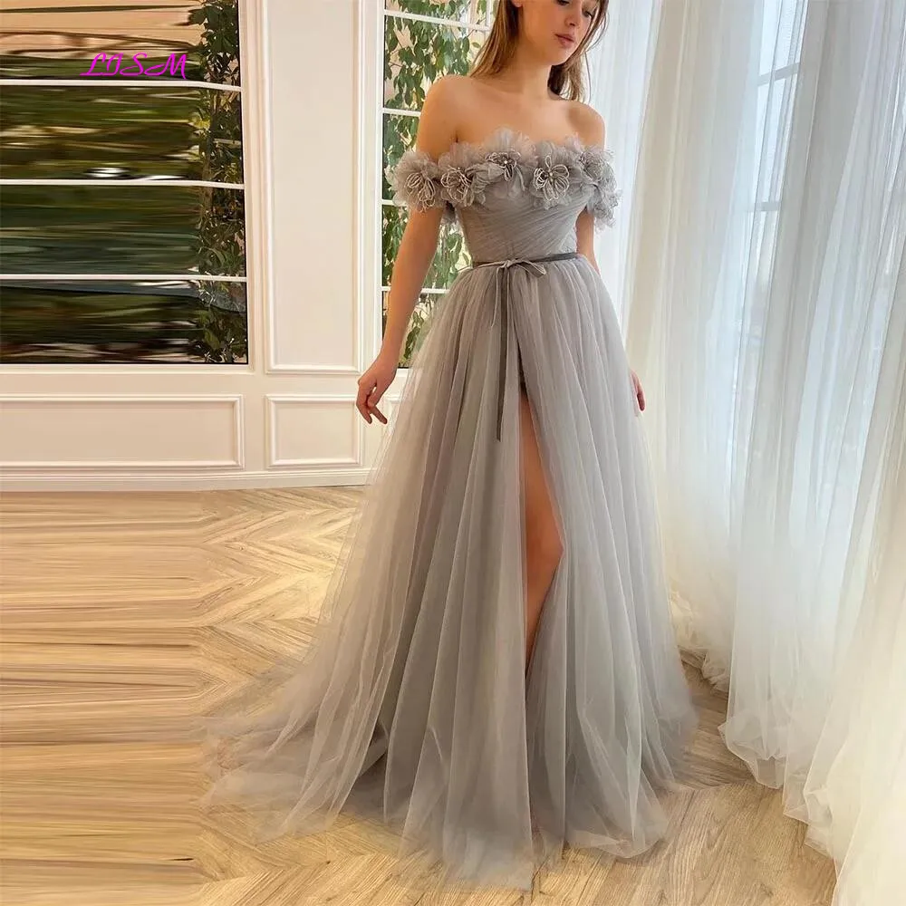 

A-Line Off Shoulder Prom Dresses 3d Flower Side Slit Women's Evening Dress 2024 Long Cocktail Party Gowns vestidos de graduación