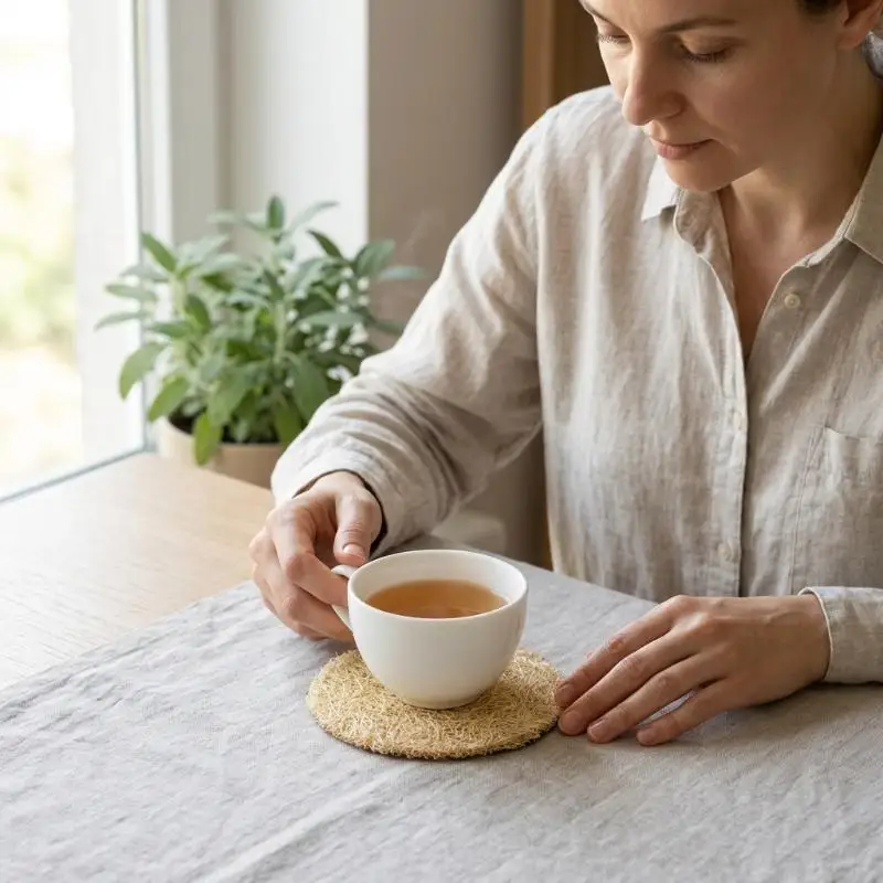 Home Accessorie Round Tea Cup Mat Natural Double Sided Teapot Pad Loofah Fibre Chinese Loofah Mat Tea Decoration