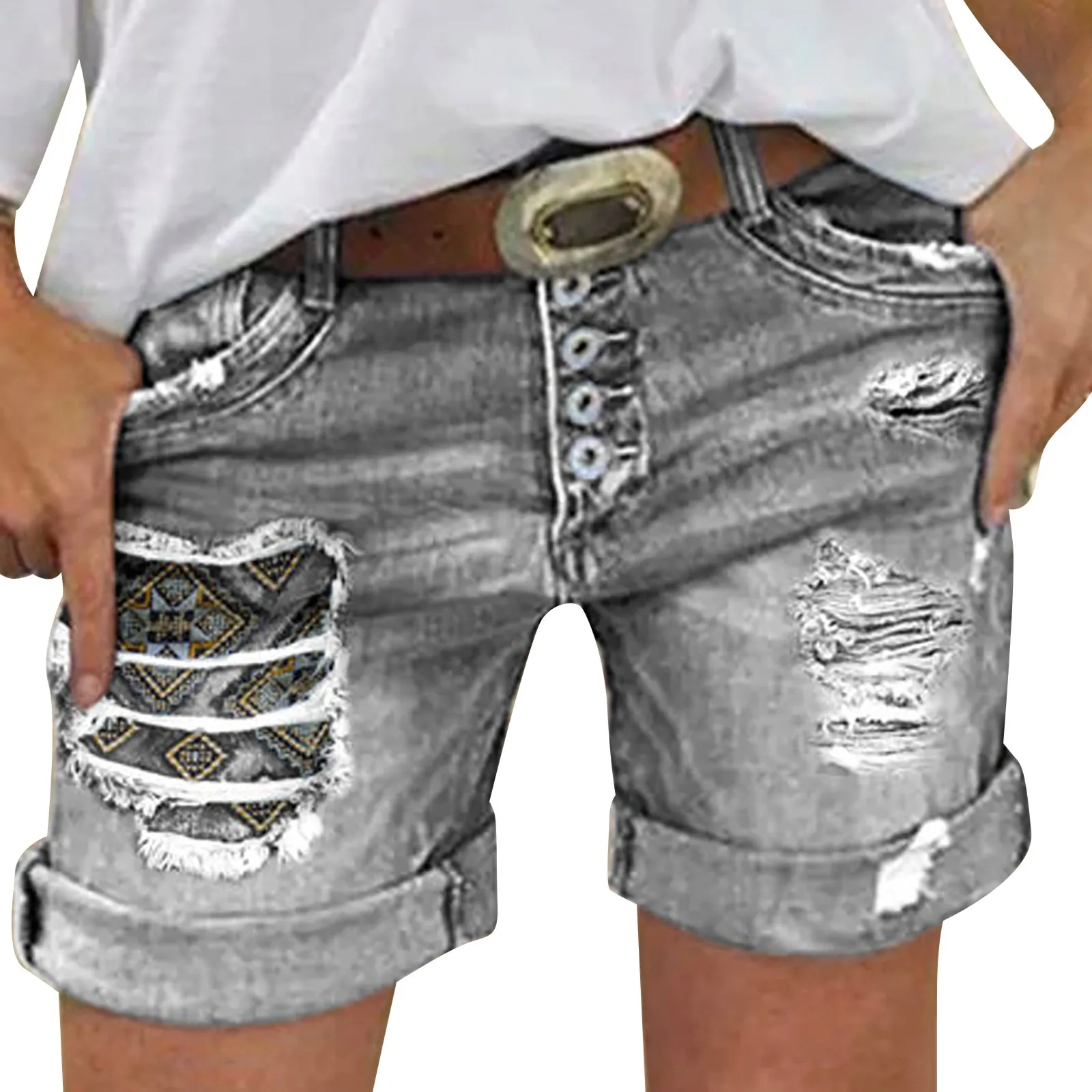 Shorts jeans bordados para mulheres, solto e versátil, cor sólida, fazendo corte antigo, remendo esfarrapado, moda, verão