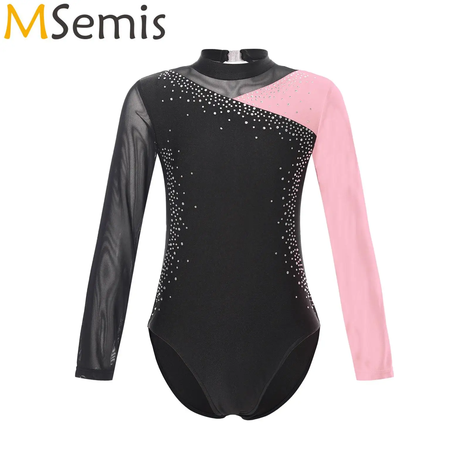 Rhythmic Gymnastics Jumpsuit for Girls Figure Skating Ballet Dance Costume Shiny Sheer Mesh Long Sleeve Cutout Back Bodysuit