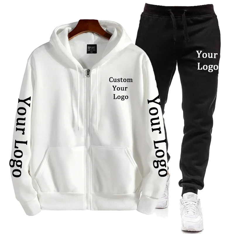 Custom Your Logo Zip Up Hoodies Pants 2Pcs/Sets Casual Sweatshirt Sweatpants Male Personalized Tops Trousers Zipper Sportswear