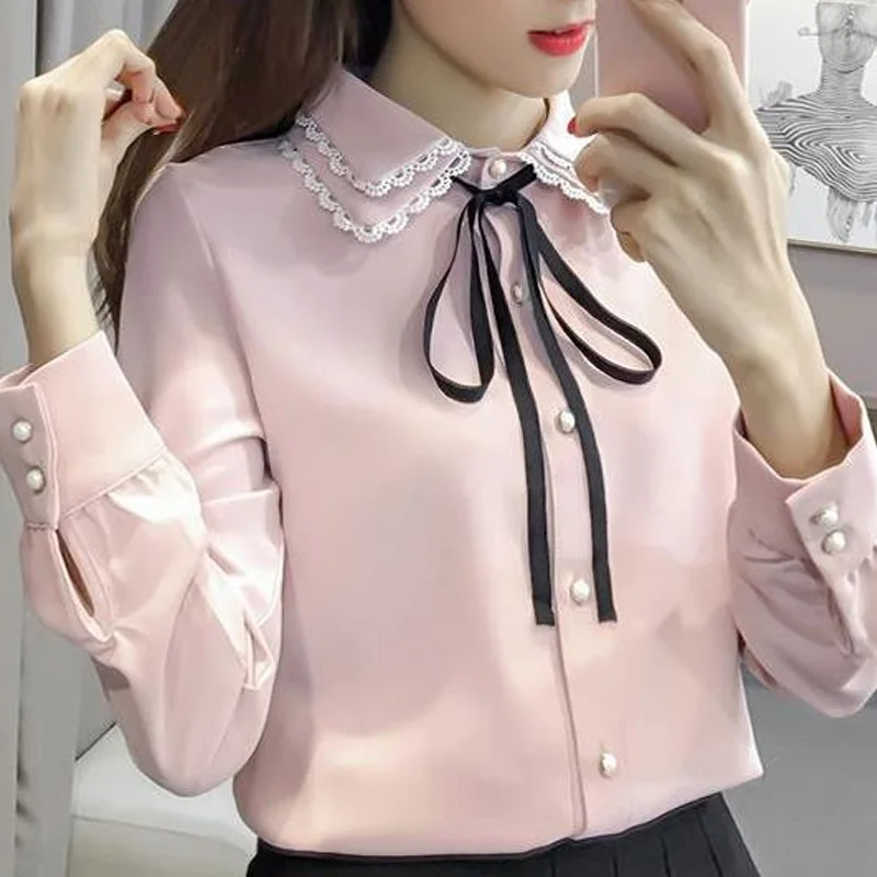 Fashion Solid Color Butterfly Knot Single-breasted Blouse Women New Long Sleeve Classic Double-layer Korean Chiffon Shirt 2022