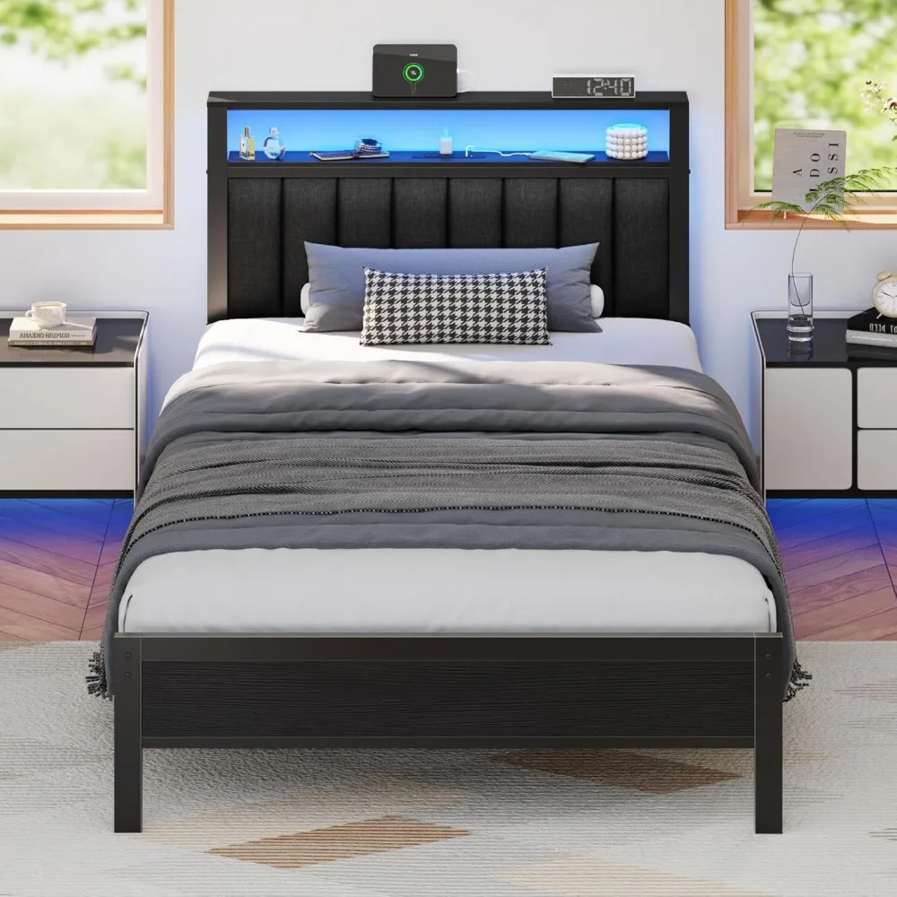 

LED Twin Size Bed Frame with Charging Station & Upholstered Headboard 2-Tier Storage Shelves, Metal Slats, No Box Spring Needed