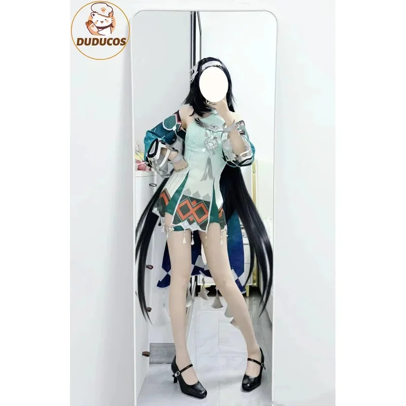 

DUDU RGenshin Impact Lan Yan Косплей Костюм Парик Платье Головные Уборы Серьги Опора Liyue Весенняя Тканая Из Нефрита Хэллоуин Вечеринка Женщины