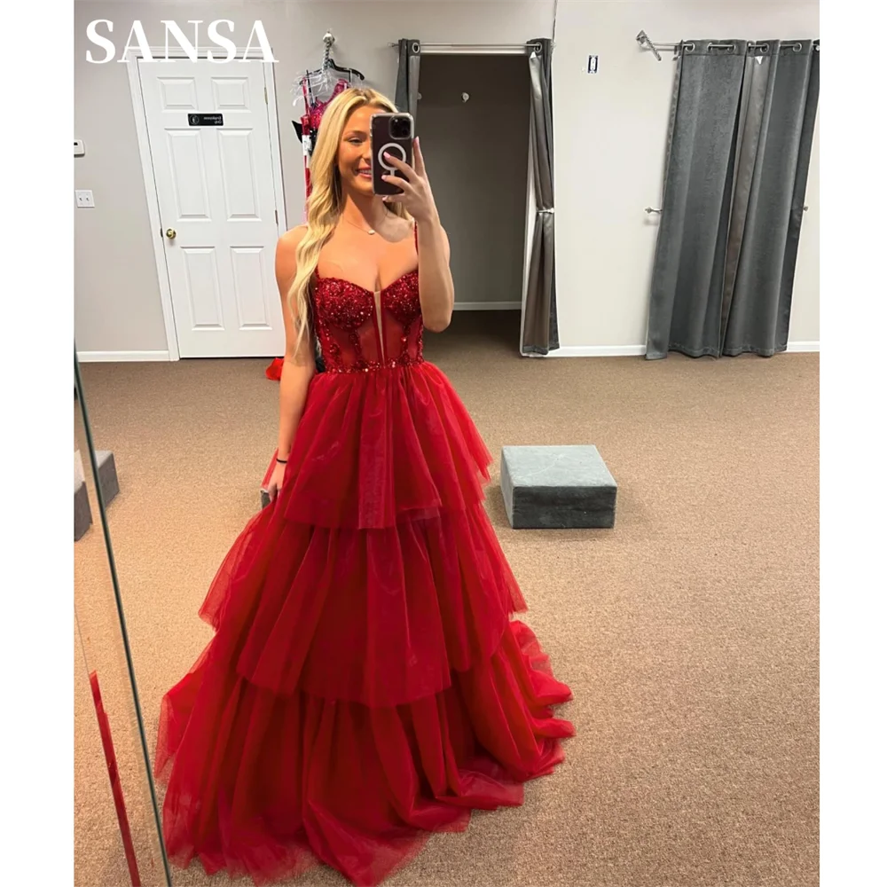 

Sansa Sweet Spaghetti Strap Prom Dress Sequins Chest A-line Multilayer Vestidos De Noche Princess Sleeveless فساتين سهره فاخره