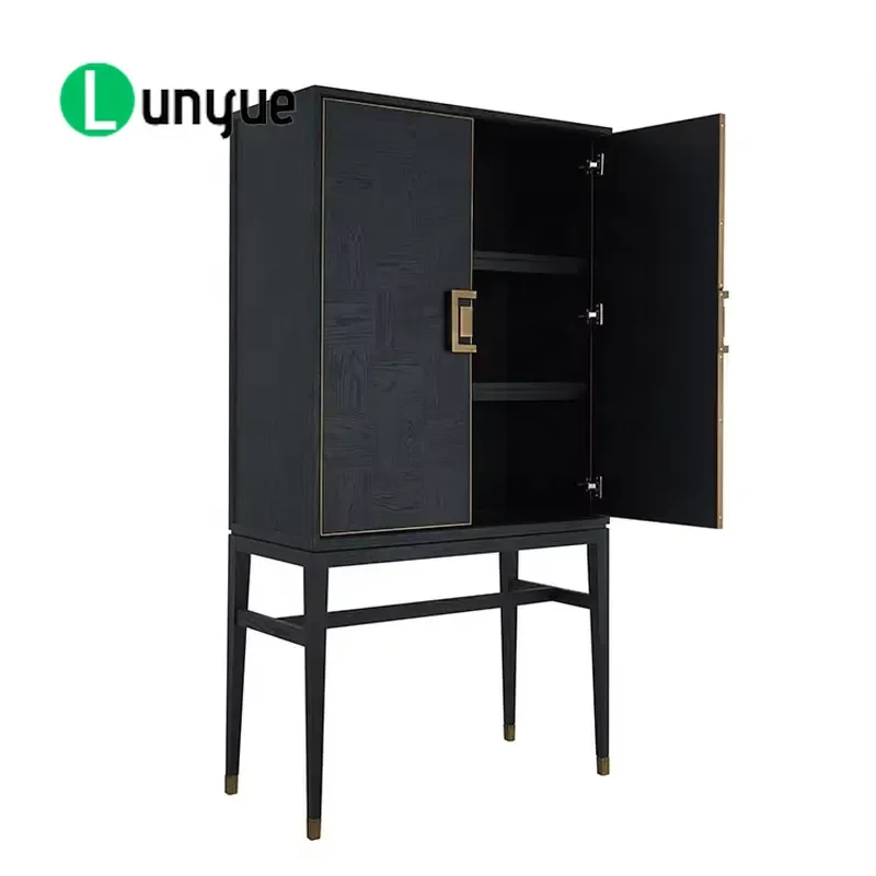 Vintage Black Solid Oak Wine Bar Cabinet with Gold Handle Parquet Door High End Storage Furniture for Home Living Room