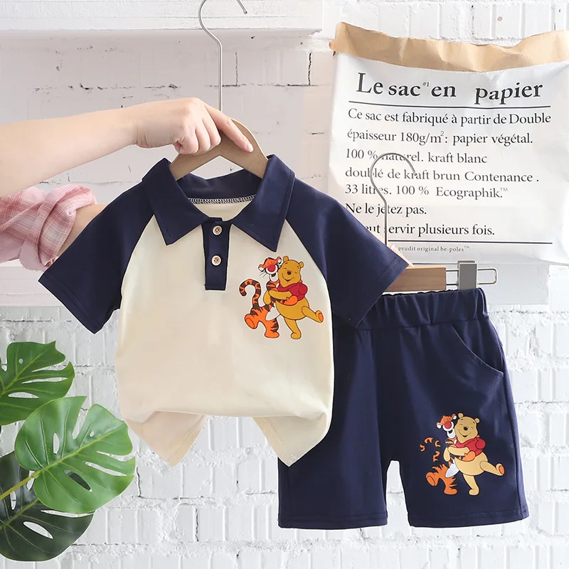 Disney Winnie The Pooh Children\'s Suit Baby Boys Girls Summer Lapel T Shirt Cartoon Shorts 2Piece Set Toddler Kids Clothing Suit