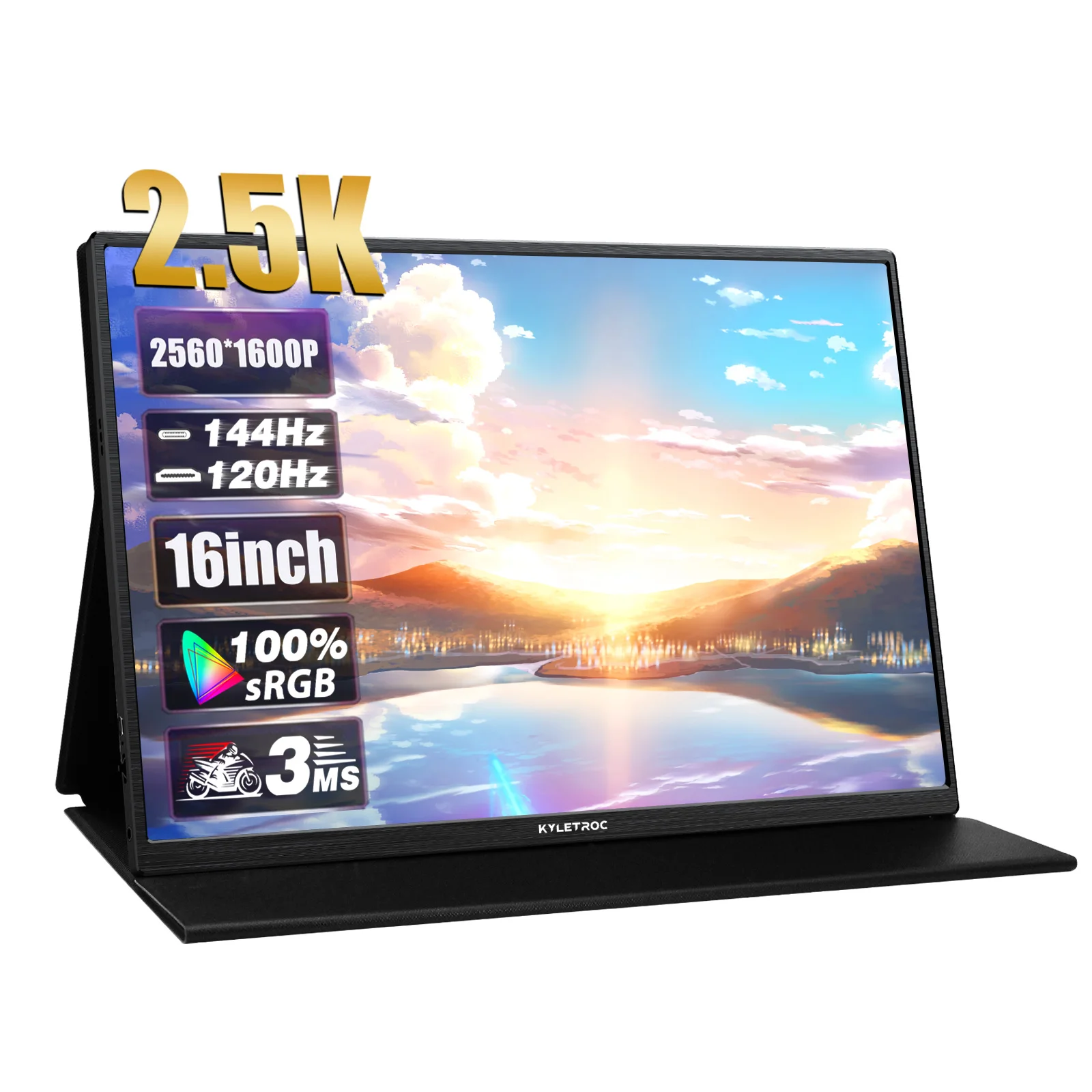 

KYLETROC 16" 2.5K 144hz Portable Monitor 2560*1600 Travel Gaming Display 16:10 100%sRGB 500Cd/m² for Laptop Switch ps4 ps5 Xbox