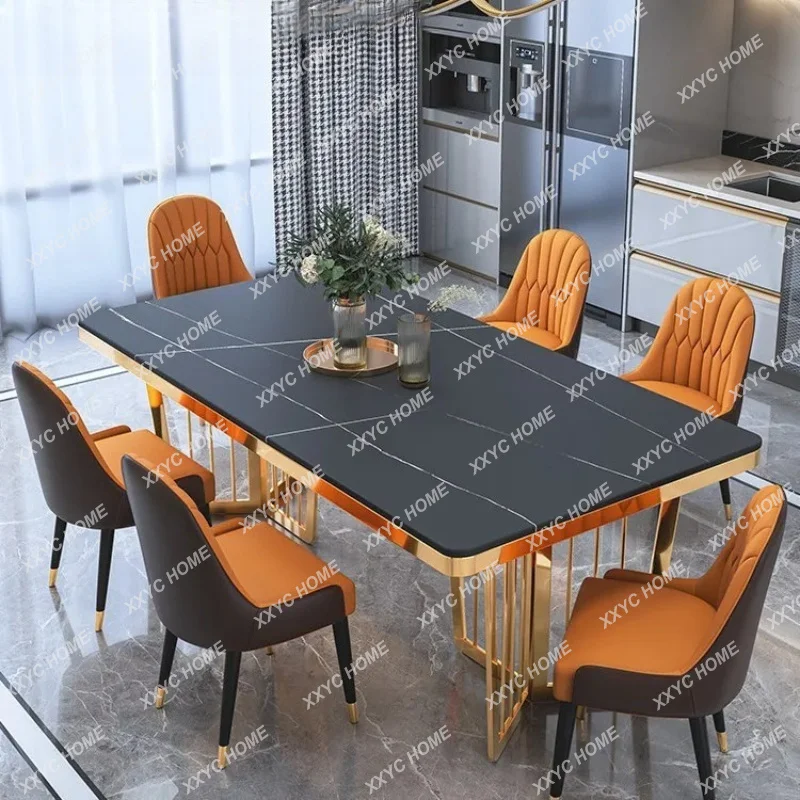 A Marble modern simple light luxury dining table and chair combination rectangular rock slab household small apartment