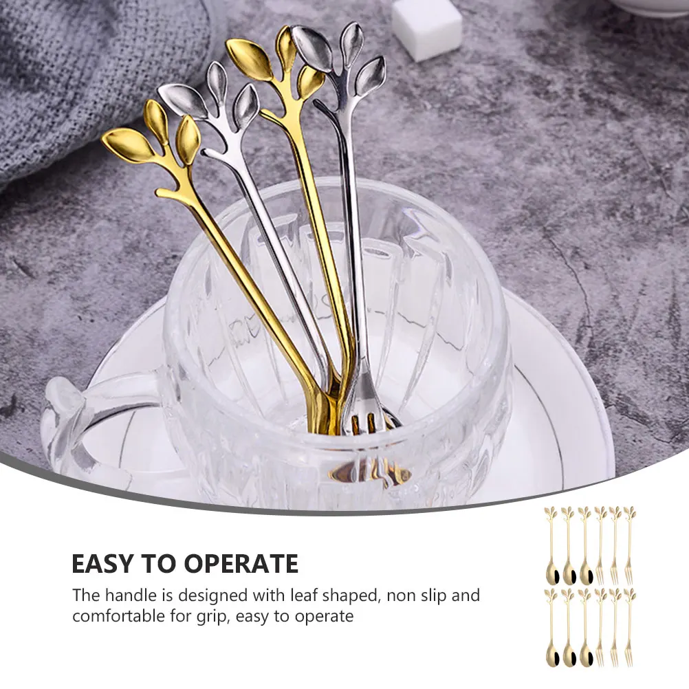 

12pcs Golden Leaf Shaped Spoons Forks Stainless Stirring Dessert Cutlery Christmas Party