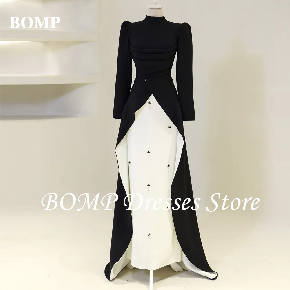 BOMP Modern Black And White Formal Evening Dresses Long Sleeves High Neck Handmade Crystalk Beads Occasion Gowns Customized