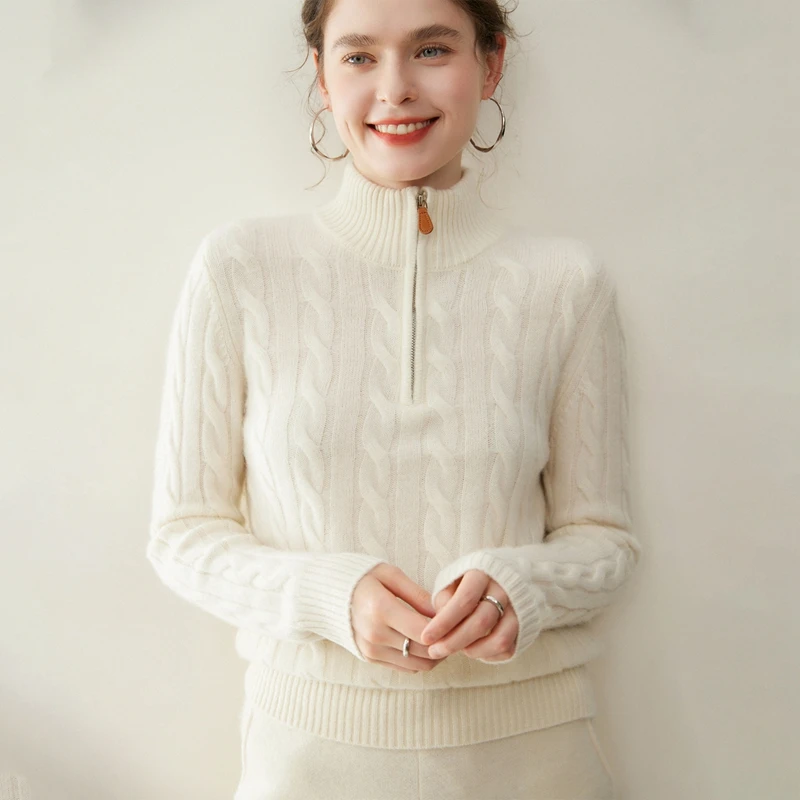 Women 100% Cashmere Sweater Autumn Winter Mock neck Pullover Half Zipper Cable Knitting Casual Luxury Cashmere Knitwear Tops