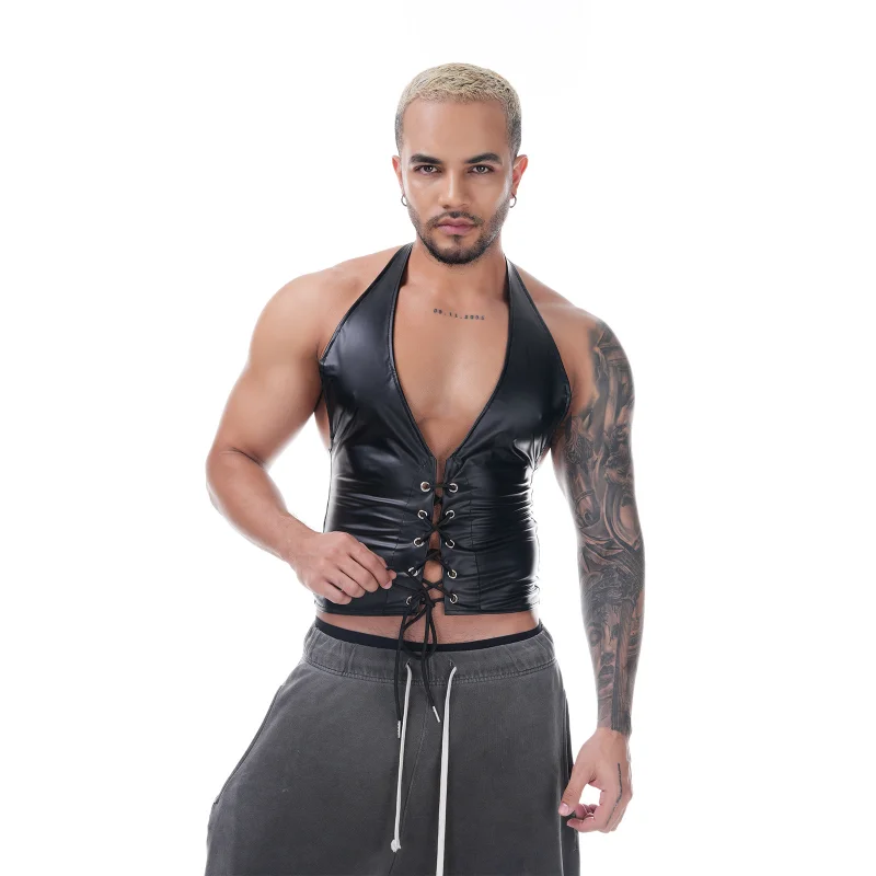 Men's Sexy Tank Tops Cross Strap Hollow Imitation Leather Vest Nightclub Halter Top Shirts Singlets Muscle Tops