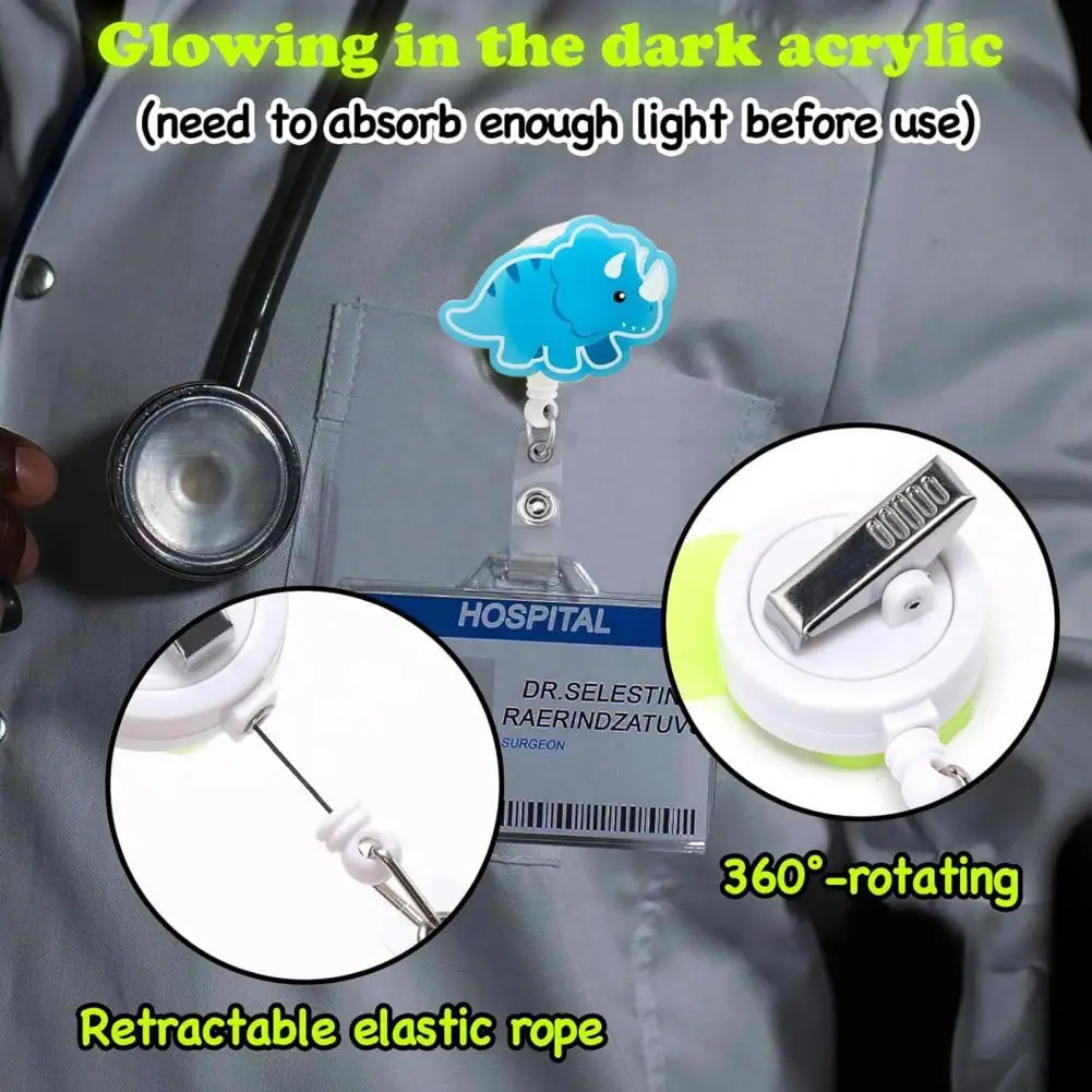 Porta Badge rotante a 360 gradi Set di mulinelli per Badge dinosauro Glow Dark Dinosaur Badge Reel Holder con Clip in metallo per ufficio insegnante
