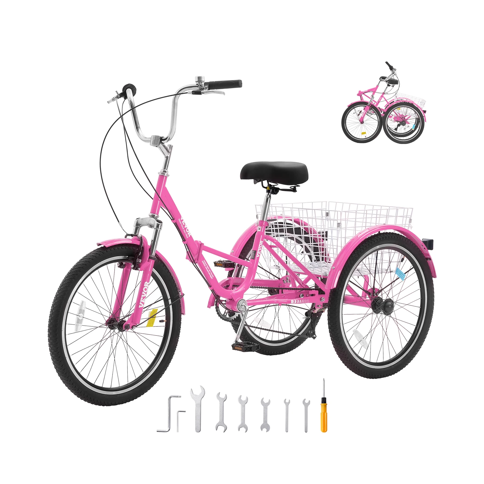 VEVOR 20/24/26inch Folding Adult Tricycle 7 Speed Carbon Steel 3 Wheels with Basket Adjustable Seat Shopping Picnic For Seniors