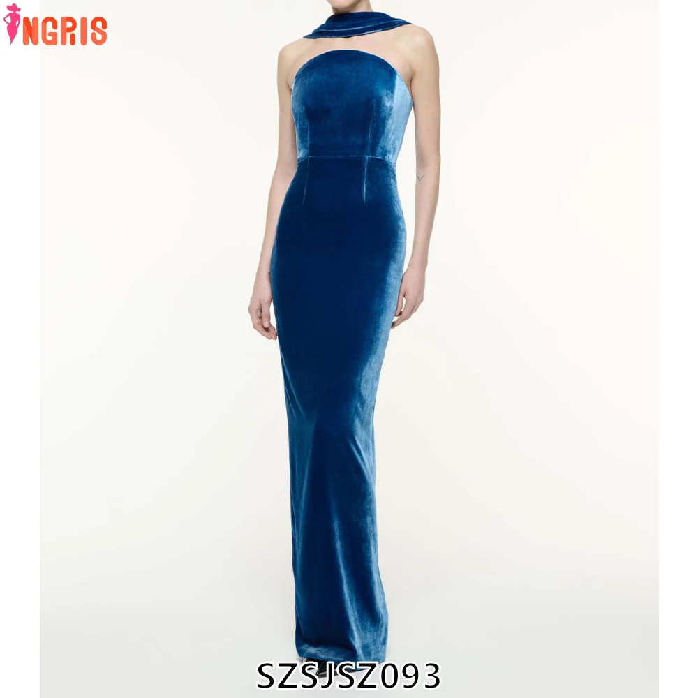 

2025 Women's Classic Blue Strapless Halter Dress High Quality Velvet Sexy Slit Fashionable Temperament Casual-SZSJSZ093