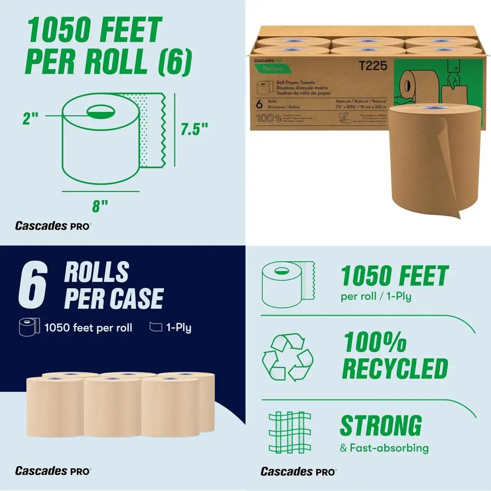 

Recycled 1-Ply Compostable Paper Towel Rolls, 1050 Sheets, Long-Lasting, 6 Rolls Case, Natural Brown