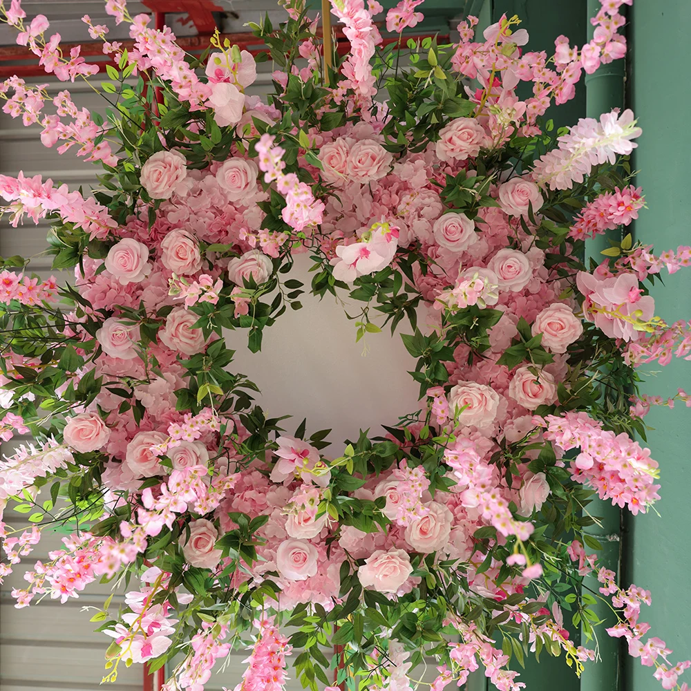 Pink Artificial Rose Hydrangea Wisteria Circle Flower Arrangement for Wedding Event Decor Ceiling Hanging Metal Hoop Frame J2611