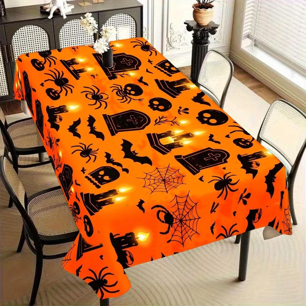 Halloween Rectangle Table Cloth Tombstone Spider Skull Candle Bat Table Cover for Indoor Halloween Wedding Party Table Decor