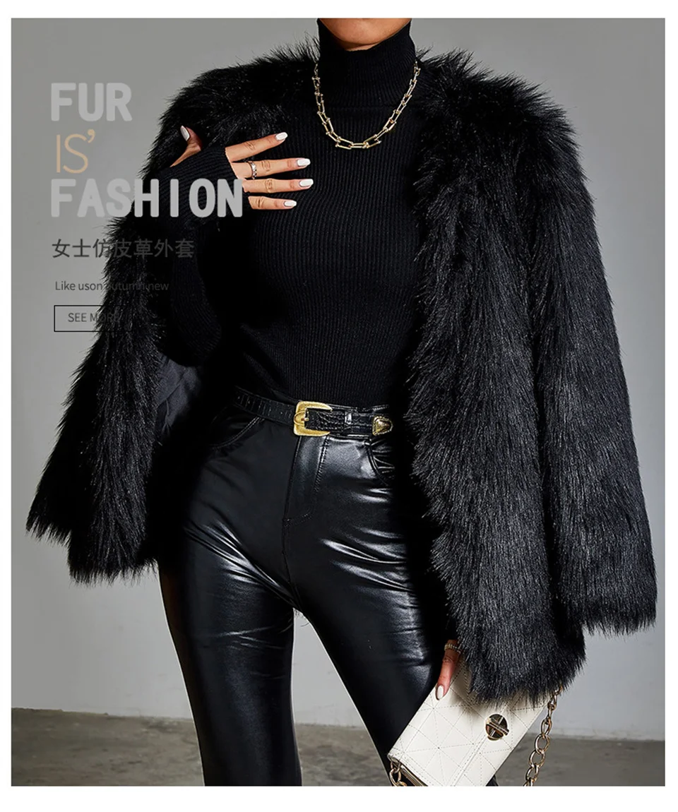 Warm Faux Fur Coat Women Loose Black Plush Short Coat Female Jacket Fur Autumn Winter Shaggy Outerwear