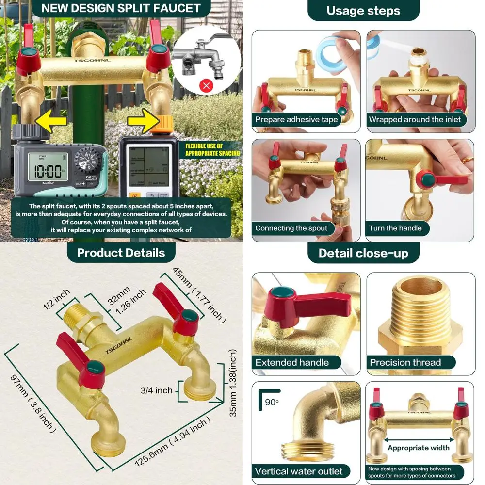 

Sturdy Dual-Outlet Brass Tap, Horizontal Design, Wide Spacing for Outdoor Use