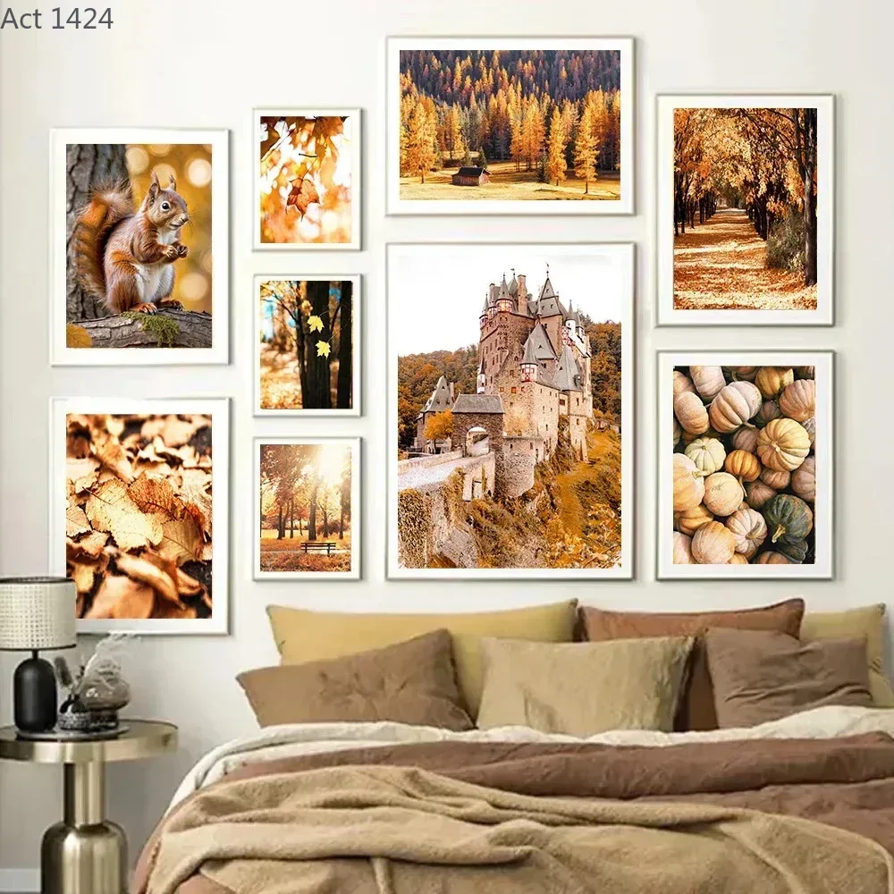 1pc frameless Canvas painting Autumn Forest Landscape Posters Canvas Painting Fall Leaves Squirrel Pumpkin Wall Art Print Pic