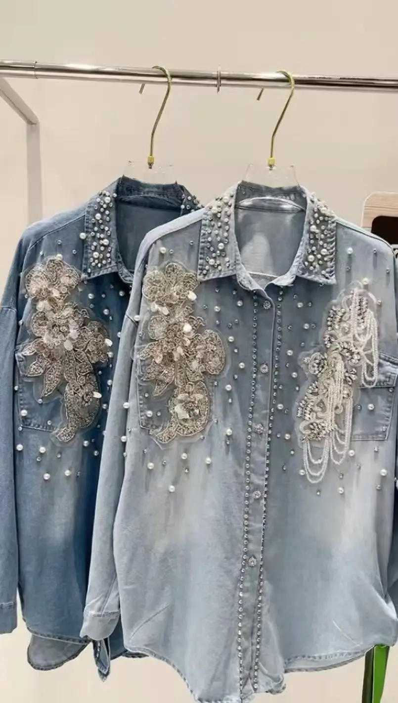 

Luxury Style Sparkle Diamonds Rhinestone Tassel Beaded Denim Shirts For Women's Blouses 2025 Long Sleeve Outwear Denim Top
