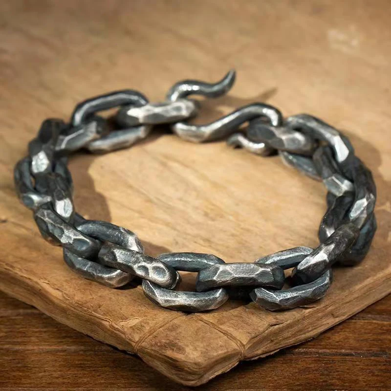 HX Silver Color National Trend Men's Bracelet Fashion Personality Horse Whip Chain Bold Bracelet Men's Hexagonal Bracelet