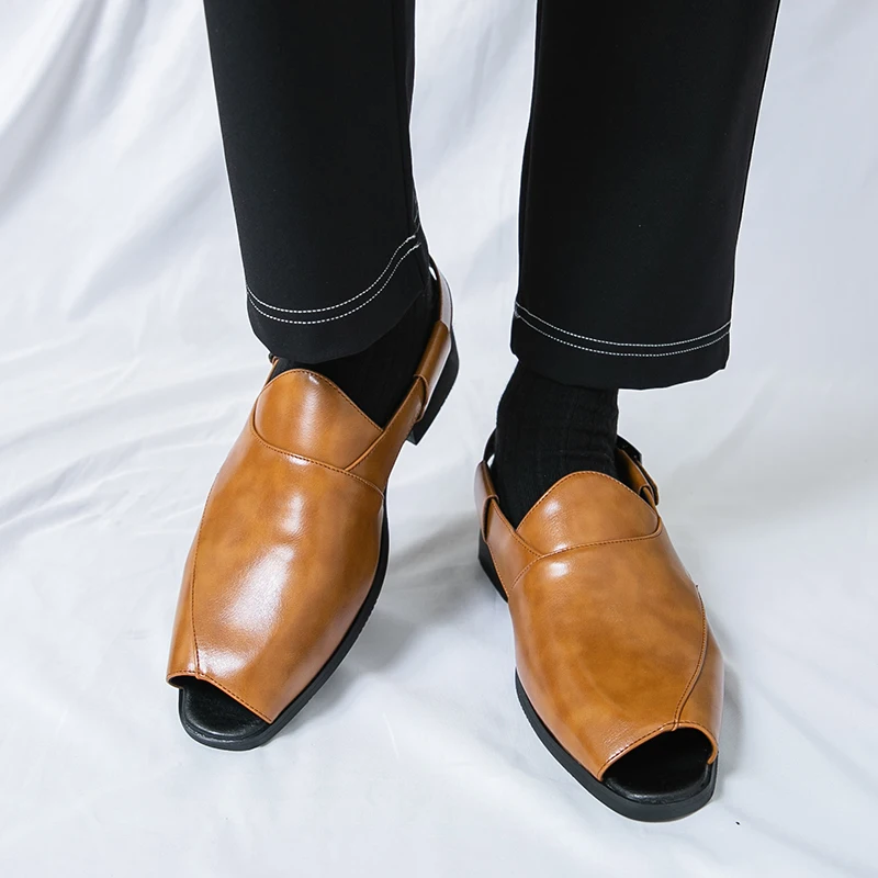 Original Luxury Designer Sandals Pointed Toe Golden Glitter Leather Sandals Size 46 Bussiness Dress Shoes Men sandalias hombre