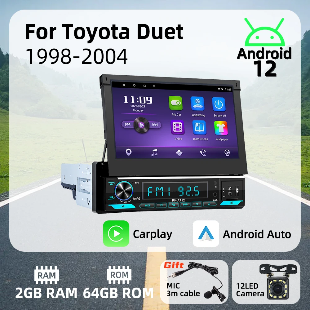 

7-дюймовый выдвижной экран Carplay Android Auto Android автомобильный мультимедиа 1 Din радио для Toyota Duet 1998-2004 стерео головное устройство GPS BT