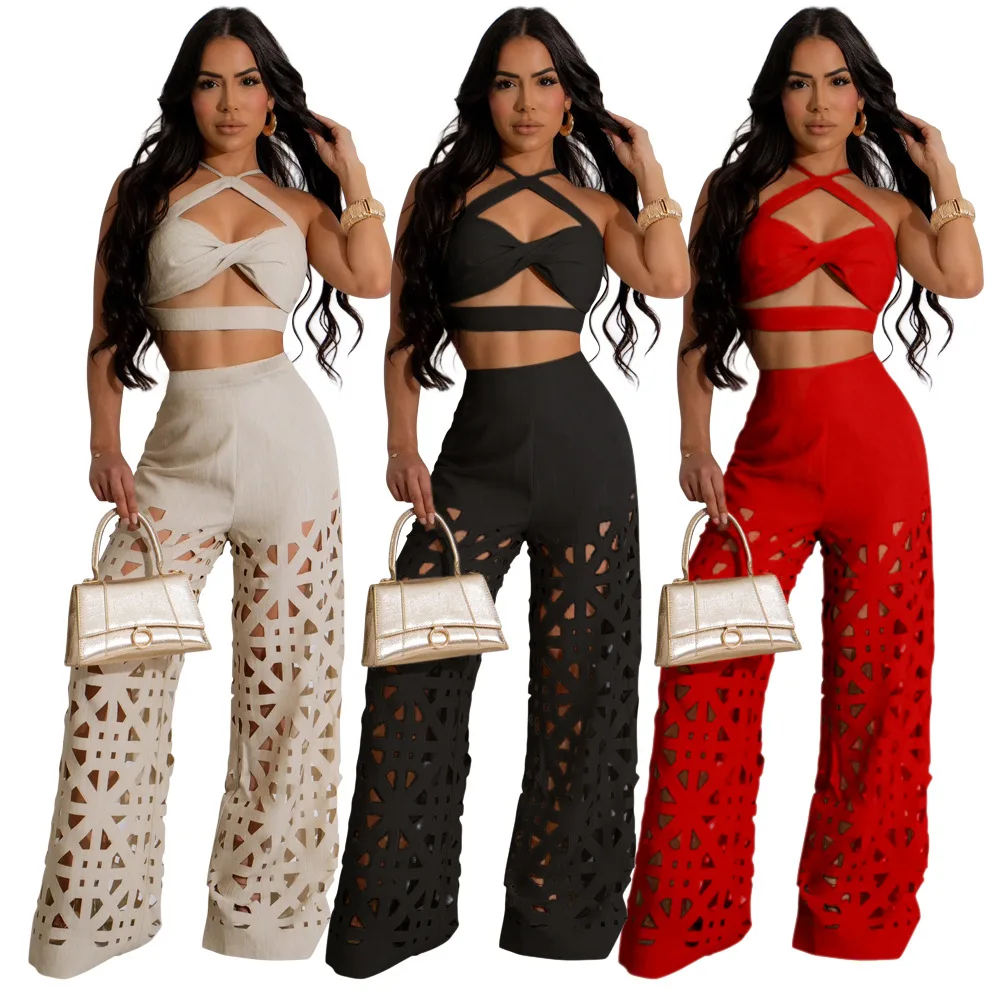 Women Sexy Two Piece Pant Sets Hollow Out Strapless Tops High Waist Wide Leg Pants Sleeveless Spliced Elegant Autumn 2024