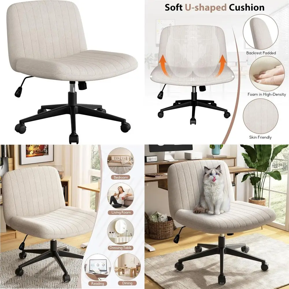 

Adjustable Swivel Office Chair with Wheels, Armless Wide Vanity Desk Chair, Comfortable Criss Cross Back Chairs, White