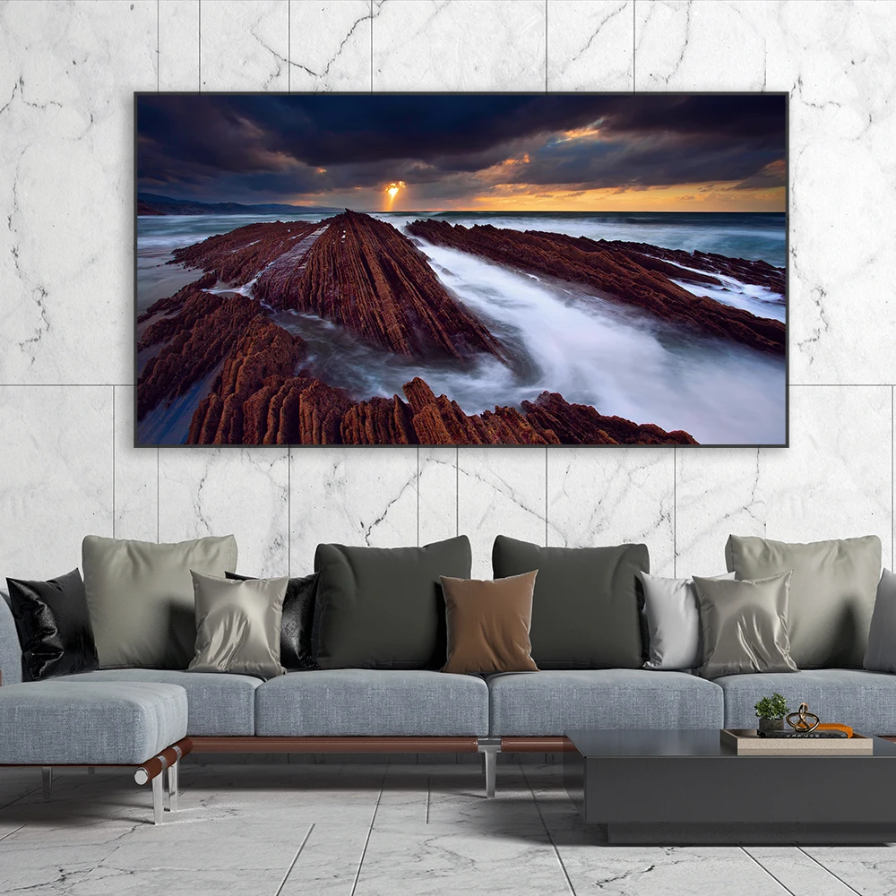 Spain The Atlantic Ocean Sunset Posters Rocks Sea Water Streams Landscape Canvas Painting Dark Sky Clouds Print Home Decoration