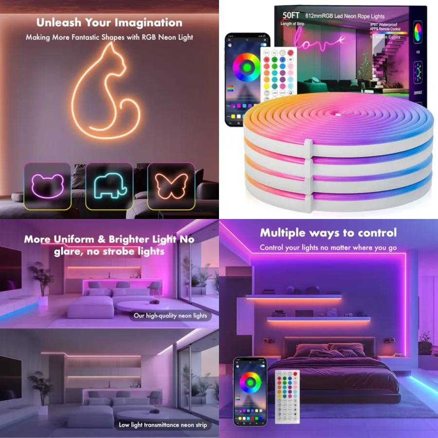 

Neon Rope Lights, 50Feet RGB LED Strip Lights, Waterproof IP67 LED Lights for Bedroom, DIY Design, Music Sync, 44 Key Remote Co