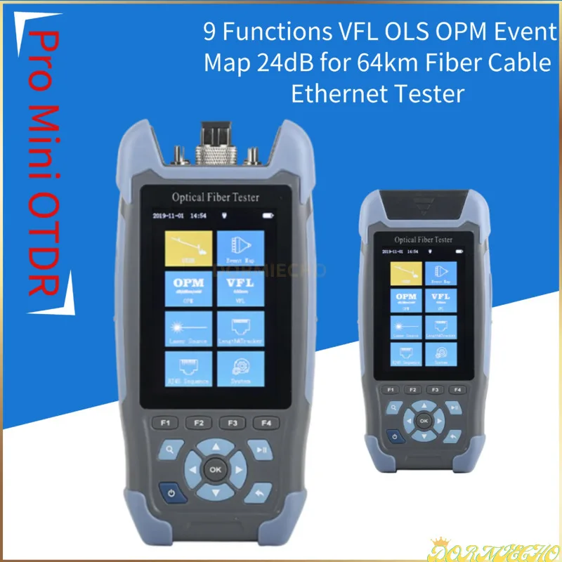 Imagem -02 - Pro Mini Otdr Fibra Óptica Reflectômetro Cabo Ethernet Tester Funções Vfl Ols Mapa de Eventos Opm 24db para 64km 980rev