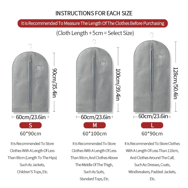 

5pcs Non-woven Garment Bag Hanging Clothes Dust Cover Coat Suit Dress Storage Bag Clothing Protector Wardrobe Organizer