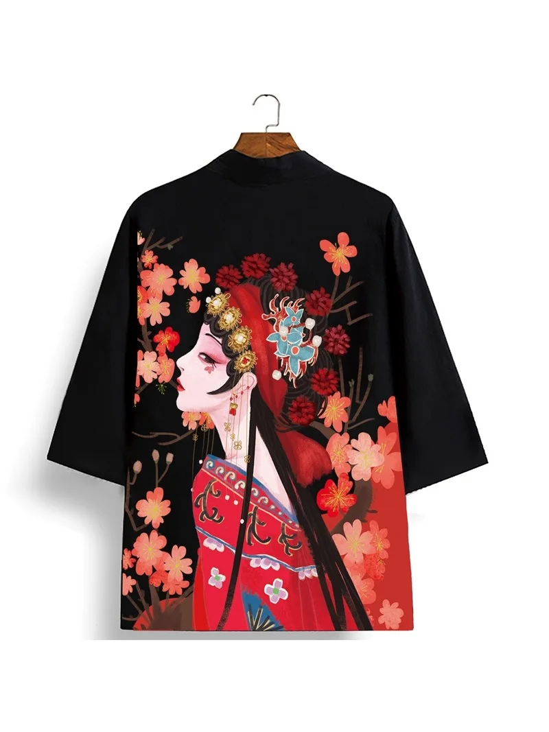 

2024 Anime Character Print Black Yukata Women's Harajuku Japanese Traditional Costume Japanese Cardigan Kimono Men Cosplay Haori