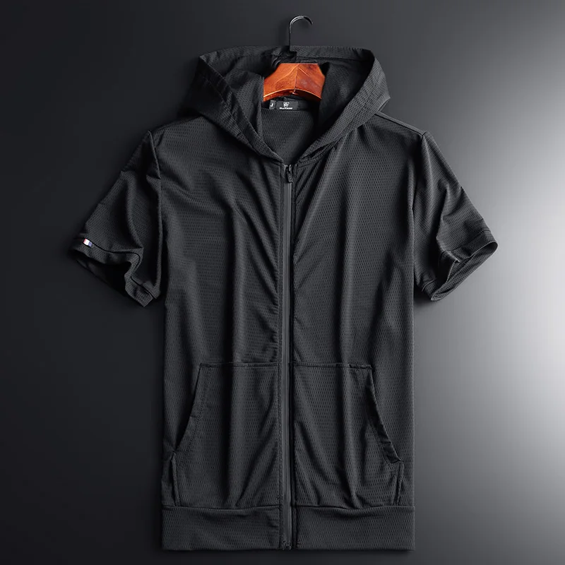 Summer Thin Ice Silk Hooded Zipper Loose Cardigan Short Sleeve Mesh Sport Sweatshirt Jacket Trendy Men's T-Shirt Half Sleeve